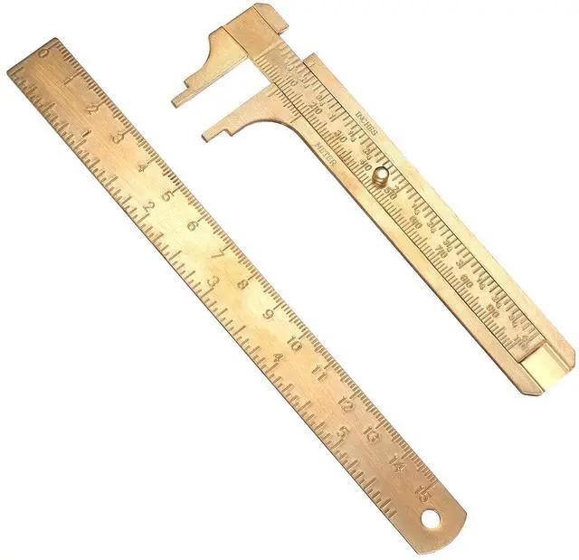 Main image of Pocket Caliper 1 PCS 6.4 in Straight Brass Ruler and 1PCS 4.6 in Brass Pocket Calipers with Double Scale Sliding Gauge Bead Measuring Tool Metal Calipers BrassRuler Millimeter Gauge Mini Caliper