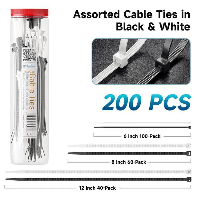Alt view image 2 of 7 - 200-Pack Cable Ties for Indoor and Outdoor, 6, 8, 12-Inch Self-Locking Nylon Zip Ties Assorted Sizes, Tie Wraps for Multiple Use, Self Locking Zipties, in Black and White