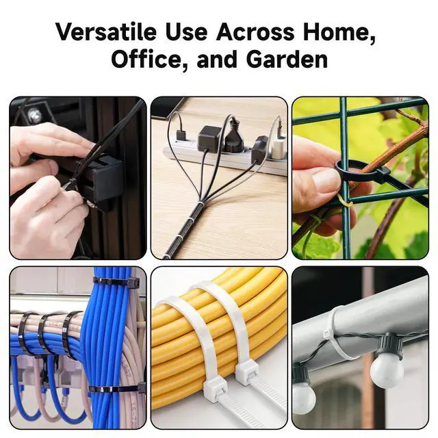 Alt view image 3 of 7 - 200-Pack Cable Ties for Indoor and Outdoor, 6, 8, 12-Inch Self-Locking Nylon Zip Ties Assorted Sizes, Tie Wraps for Multiple Use, Self Locking Zipties, in Black and White