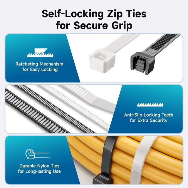 Alt view image 4 of 7 - 200-Pack Cable Ties for Indoor and Outdoor, 6, 8, 12-Inch Self-Locking Nylon Zip Ties Assorted Sizes, Tie Wraps for Multiple Use, Self Locking Zipties, in Black and White