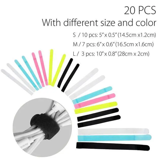 Alt view image 2 of 7 - Pack of 20 Reusable Cord Organizer Keeper Holder, Fastening Cable Ties Straps for Earbud Headphones Phones Electronics Electrical Computer PC Wire Wrap Management, Assorted 3 Size and 5 Color
