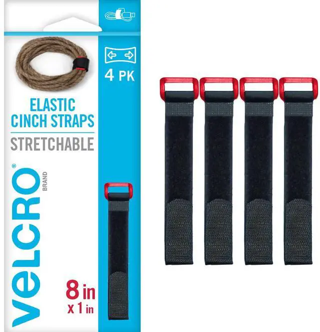 Main image of VEL-30791-AMS Elastic Cinch Straps with Buckle | 8in x 1in, Pk of 4 | Fully Adjustable and Stretch for Snug Fit | for Fastening Power Cords, Ropes, Organizing Cables, More | Black