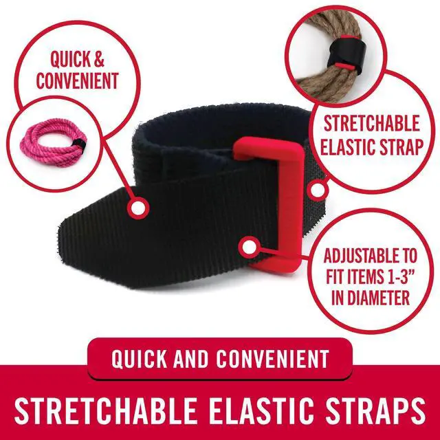 Alt view image 2 of 7 - VEL-30791-AMS Elastic Cinch Straps with Buckle | 8in x 1in, Pk of 4 | Fully Adjustable and Stretch for Snug Fit | for Fastening Power Cords, Ropes, Organizing Cables, More | Black