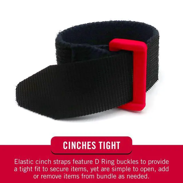 Alt view image 7 of 7 - VEL-30791-AMS Elastic Cinch Straps with Buckle | 8in x 1in, Pk of 4 | Fully Adjustable and Stretch for Snug Fit | for Fastening Power Cords, Ropes, Organizing Cables, More | Black