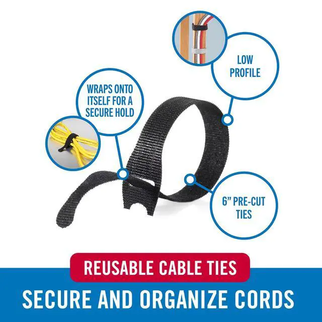 Alt view image 2 of 7 - Reusable Cable Ties, 100 Pack 6 Inch, Cord & Cable Management Straps for Electronics, Desk, Home Office & Workstations, Black