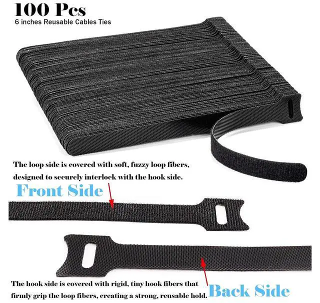 Alt view image 2 of 7 - 100PCS Hook and Loop Straps - 6 Inch Reusable Cable Ties for Cable Management, Adjustable Cord Organizer Hook & Loop Straps for Home, Office and Data Centers, Black