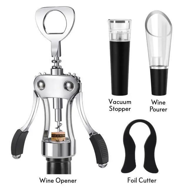 Alt view image 2 of 7 - Multifunctional Wine Bottle Opener Gift Set - Heavy-Duty Zinc Alloy Wing Corkscrew, Foil Cutter, Vacuum Stopper & Aerator Pourer for Kitchen, Bar, Restaurant, Bartenders