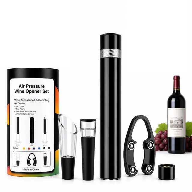 Main image of Air Pressure Wine Bottle Opener Set, Needle Wine Opener with Foil Cutter, Wine PourerVacuum Stopper, Portable Cork Remover for Home, Travel, Party, Gifts for Wine Lovers, Silver