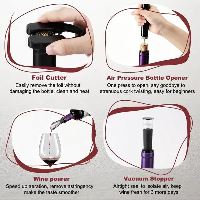 Alt view image 5 of 7 - Air Pressure Wine Bottle Opener Set, Needle Wine Opener with Foil Cutter, Wine PourerVacuum Stopper, Portable Cork Remover for Home, Travel, Party, Gifts for Wine Lovers, Silver