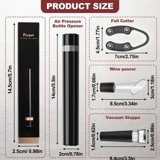 Alt view image 7 of 7 - Air Pressure Wine Bottle Opener Set, Needle Wine Opener with Foil Cutter, Wine PourerVacuum Stopper, Portable Cork Remover for Home, Travel, Party, Gifts for Wine Lovers, Silver