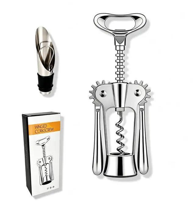 Main image of Premium Zinc Alloy Wing Corkscrew Set, Multifunctional Bar Tool with High-Carbon Steel Auger, Labor-Saving Lever Opener with Wine Pourer & Fresh-Keeping Bottle Stopper (Shiny Silver - 2set)