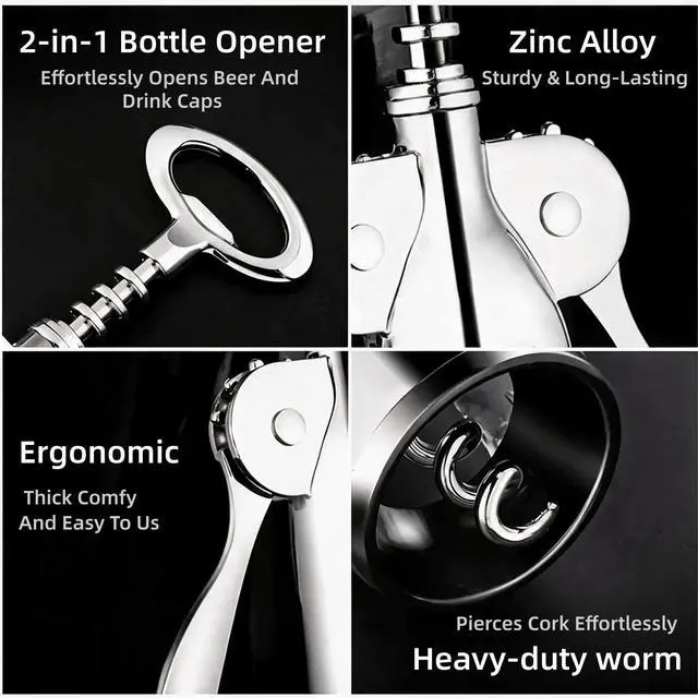 Alt view image 3 of 7 - Premium Zinc Alloy Wing Corkscrew Set, Multifunctional Bar Tool with High-Carbon Steel Auger, Labor-Saving Lever Opener with Wine Pourer & Fresh-Keeping Bottle Stopper (Shiny Silver - 2set)