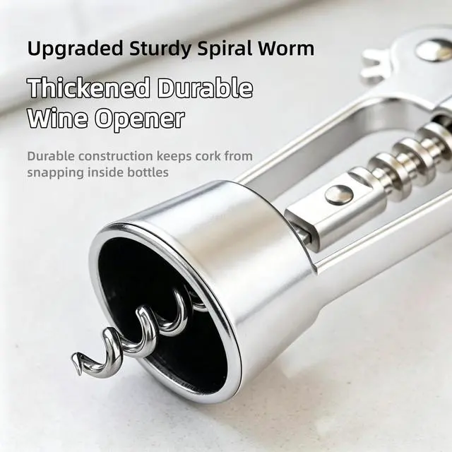 Alt view image 4 of 7 - Premium Zinc Alloy Wing Corkscrew Set, Multifunctional Bar Tool with High-Carbon Steel Auger, Labor-Saving Lever Opener with Wine Pourer & Fresh-Keeping Bottle Stopper (Shiny Silver - 2set)