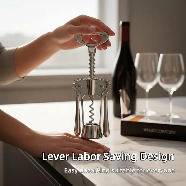 Alt view image 5 of 7 - Premium Zinc Alloy Wing Corkscrew Set, Multifunctional Bar Tool with High-Carbon Steel Auger, Labor-Saving Lever Opener with Wine Pourer & Fresh-Keeping Bottle Stopper (Shiny Silver - 2set)