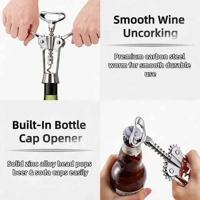Alt view image 7 of 7 - Premium Zinc Alloy Wing Corkscrew Set, Multifunctional Bar Tool with High-Carbon Steel Auger, Labor-Saving Lever Opener with Wine Pourer & Fresh-Keeping Bottle Stopper (Shiny Silver - 2set)