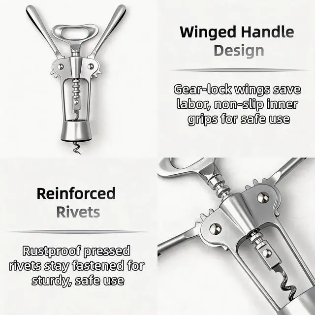 Alt view image 6 of 7 - Premium Zinc Alloy Wing Corkscrew Set, Multifunctional Bar Tool with High-Carbon Steel Auger, Labor-Saving Lever Opener with Wine Pourer & Fresh-Keeping Bottle Stopper (Shiny Silver - 2set)