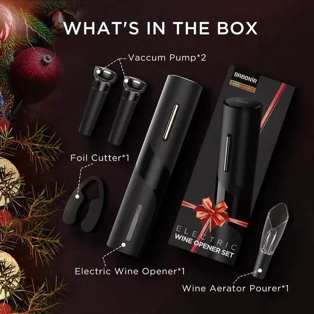 Alt view image 7 of 7 - Electric Wine Opener Set - Automatic Electronic Bottle Openers with Greeting Card, Vacuum Stoppers, Wine Aerator, and Foil Cutter, Ideal Present for Wine Lovers, Party, and Home Entertaining