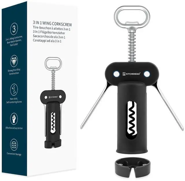 Main image of 3 in 1 Wing Corkscrew Wine Bottle Opener with Foil Cutter, Built-in Beer Bottle Opener, Multifunctional Wine Opener with Non-Stick Sharp Screw, Easy to Use, Manual Wine Corkscrew, Black