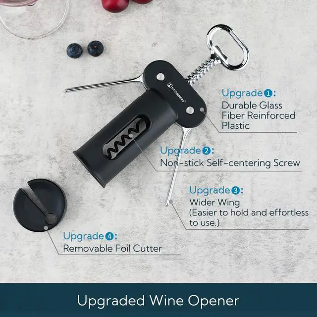 Alt view image 2 of 7 - 3 in 1 Wing Corkscrew Wine Bottle Opener with Foil Cutter, Built-in Beer Bottle Opener, Multifunctional Wine Opener with Non-Stick Sharp Screw, Easy to Use, Manual Wine Corkscrew, Black