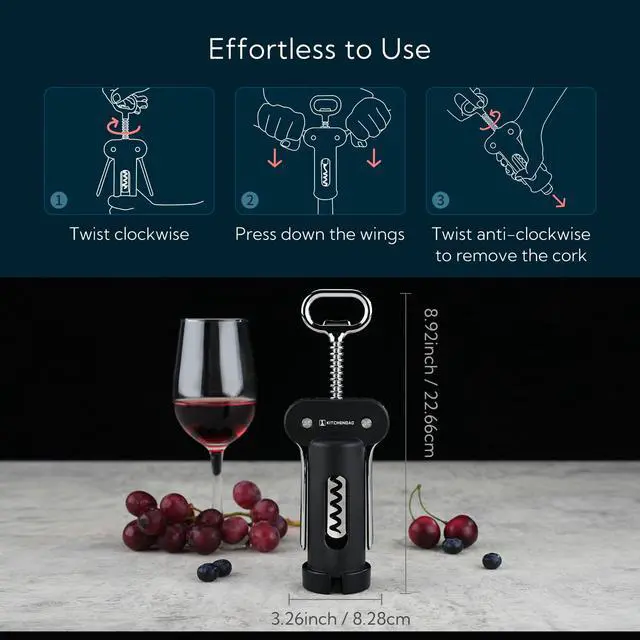 Alt view image 6 of 7 - 3 in 1 Wing Corkscrew Wine Bottle Opener with Foil Cutter, Built-in Beer Bottle Opener, Multifunctional Wine Opener with Non-Stick Sharp Screw, Easy to Use, Manual Wine Corkscrew, Black