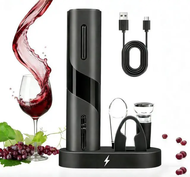 Main image of Electric Wine Opener Set, Rechargeable 6-in-1 Wine Gifts for Wine Lovers with Charging Base, Foil Cutter, Wine Aerator Pourer & Vacuum Stoppers (Light Black)