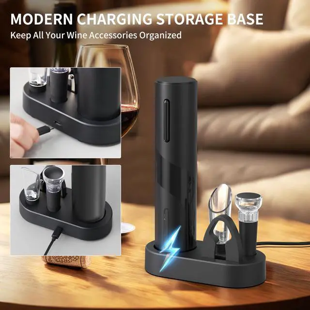 Alt view image 3 of 7 - Electric Wine Opener Set, Rechargeable 6-in-1 Wine Gifts for Wine Lovers with Charging Base, Foil Cutter, Wine Aerator Pourer & Vacuum Stoppers (Light Black)