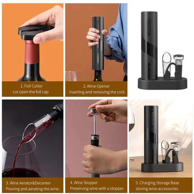 Alt view image 4 of 7 - Electric Wine Opener Set, Rechargeable 6-in-1 Wine Gifts for Wine Lovers with Charging Base, Foil Cutter, Wine Aerator Pourer & Vacuum Stoppers (Light Black)