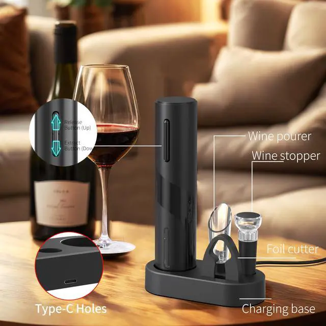 Alt view image 5 of 7 - Electric Wine Opener Set, Rechargeable 6-in-1 Wine Gifts for Wine Lovers with Charging Base, Foil Cutter, Wine Aerator Pourer & Vacuum Stoppers (Light Black)