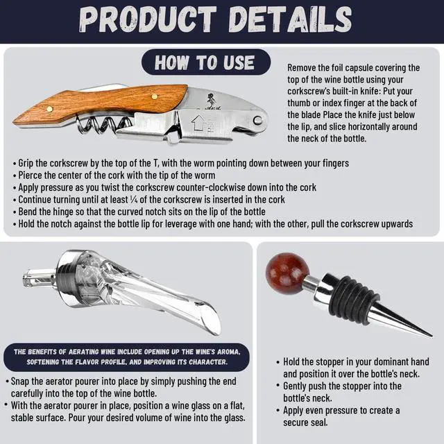 Alt view image 2 of 7 - Wine Accessories Set, Featuring 3 in-1 Multifunctional Waiters Corkscrew Bottle Opener, Wine Aerator Pourer Spout & Decanter, Air-Tight Wine Stopper.