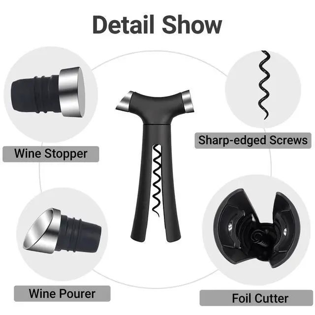 Alt view image 3 of 6 - Multi-Function 4 in 1 Cork Screw Wine Bottle Opener set, Premium Wine Accessories with corkscrew, Bottle Stopper, Foil Cutter, Aerator Pourer, Thoughtful Gifts for Home, Bar & Kitchen Use