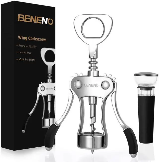 Main image of Wine Opener with Silicone Leak Proof Wine Vacuum Stopper, Zinc Alloy Premium Wing Corkscrew with Multifunctional Bottles Opener, Matte Black