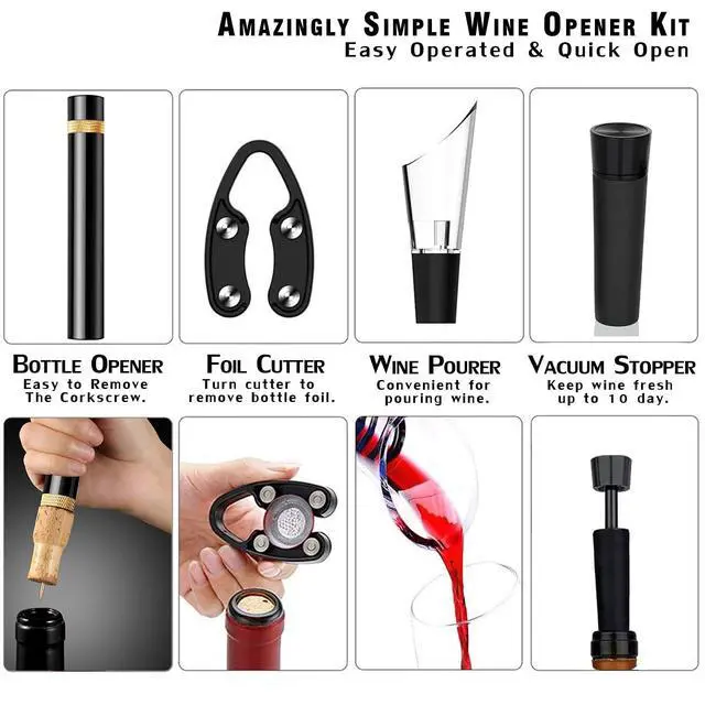 Alt view image 2 of 7 - Wine Bottle Opener Set(4PCS),Travel Portable Pocket Air Pressure Pump Cork Remover with Aerator, Foil Cutter, and Vacuum Stopper, 7S Quick Bottle Opening, for Home, Restaurant, Party,Wine Lovers