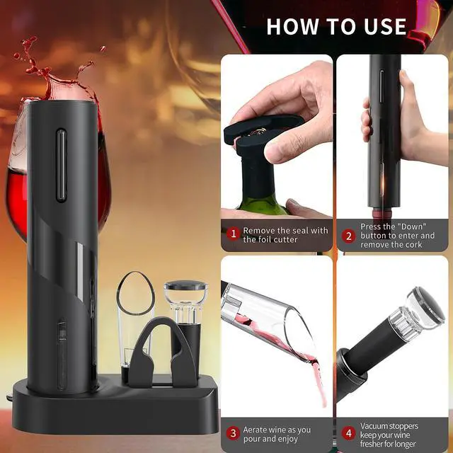 Alt view image 4 of 6 - Electric Wine Opener Set, A 4-in-1 Multifunctional Wine Accessory Kit, including an Automatic Corkscrew Opener, Rechargeable Wine Bottle Openers, Foil Cutter, Wine Aerator Pourer, and Vacuum Stoppers