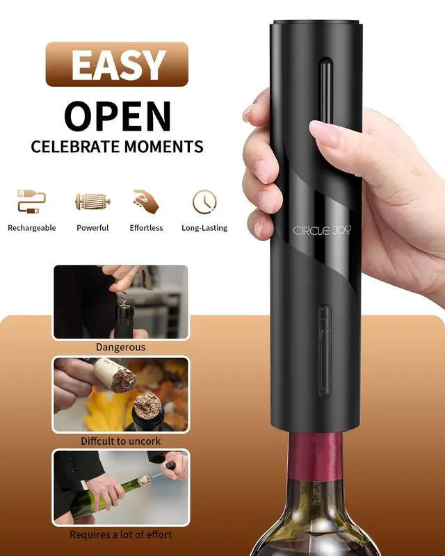 Alt view image 2 of 7 - 5-in-1 Electric Wine Bottle Opener Set, Rechargeable Wine Opener Kit, Cordless Wine Gift Set with Foil Cutter, Electric Aerator & Pourer and Vacuum Stopper for Wine Lovers, Black