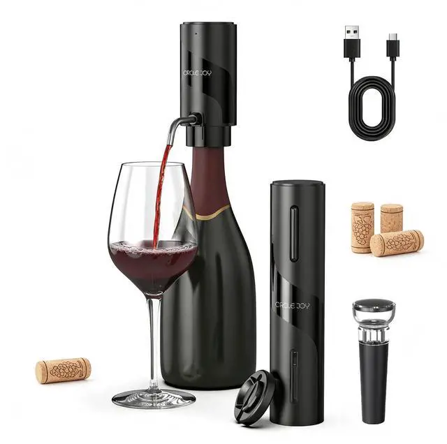 Main image of 5-in-1 Electric Wine Bottle Opener Set, Rechargeable Wine Opener Kit, Cordless Wine Gift Set with Foil Cutter, Electric Aerator & Pourer and Vacuum Stopper for Wine Lovers, Black