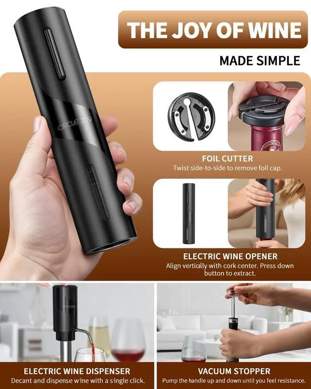 Alt view image 3 of 7 - 5-in-1 Electric Wine Bottle Opener Set, Rechargeable Wine Opener Kit, Cordless Wine Gift Set with Foil Cutter, Electric Aerator & Pourer and Vacuum Stopper for Wine Lovers, Black
