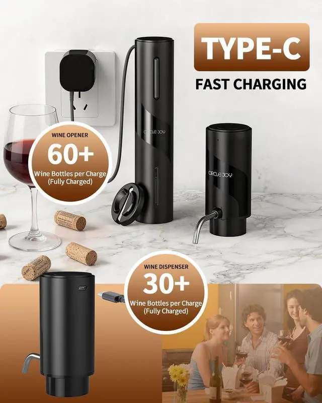 Alt view image 5 of 7 - 5-in-1 Electric Wine Bottle Opener Set, Rechargeable Wine Opener Kit, Cordless Wine Gift Set with Foil Cutter, Electric Aerator & Pourer and Vacuum Stopper for Wine Lovers, Black