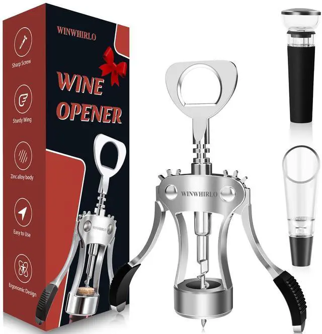 Main image of Wine Bottle Opener Gift Set, Zinc Alloy Wing Corkscrew with Vacuum Stopper & Aerator Pourer, Multifunctional Wine Corkscrew for Kitchen, Bar, Party, Camping, BBQ, Wedding, Dinner Gathering