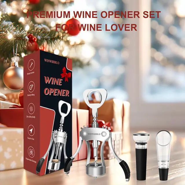 Alt view image 4 of 7 - Wine Bottle Opener Gift Set, Zinc Alloy Wing Corkscrew with Vacuum Stopper & Aerator Pourer, Multifunctional Wine Corkscrew for Kitchen, Bar, Party, Camping, BBQ, Wedding, Dinner Gathering