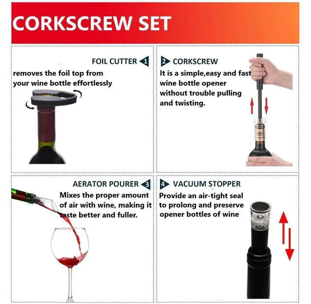 Alt view image 5 of 7 - Air Pressure Pump Bottle Opener With Foil Cutter,Aerator Pourer,Vacuum Stopper(4PCS),Simple Cork Remover,Efficient Corkscrew Bottle Opener,Great For Wine Lovers,Perfect Wine Gift.