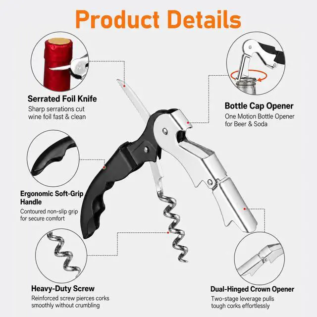 Alt view image 2 of 7 - Wine Opener, 3 Pack Waiter Corkscrew, Stainless Steel Double Hinged Wine Key with Foil Cutter, Foldable Tool for Bartenders and Home Parties