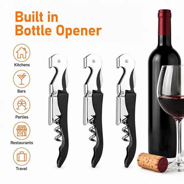 Alt view image 6 of 7 - Wine Opener, 3 Pack Waiter Corkscrew, Stainless Steel Double Hinged Wine Key with Foil Cutter, Foldable Tool for Bartenders and Home Parties