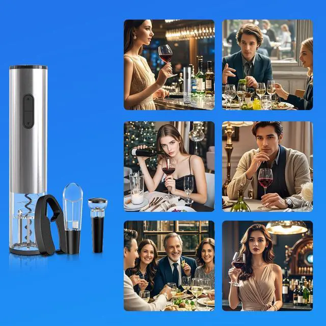 Alt view image 6 of 6 - 5-in-1 ElectricWine Bottle Opener Set Battery Operated Reusable Corkscrew with Storage Base, Foil Cutter, Wine Pour& Wine Stopper (Silver)