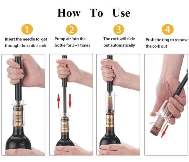Alt view image 4 of 7 - Air Pressure Pump Bottle Opener With One Foil Cutter,One Vacuum stopper and One Wine Aerator PourerEfficient|Lightweight|Funny Cork Remover,Great For Wine Lovers,Perfect Wine Gift. (4)