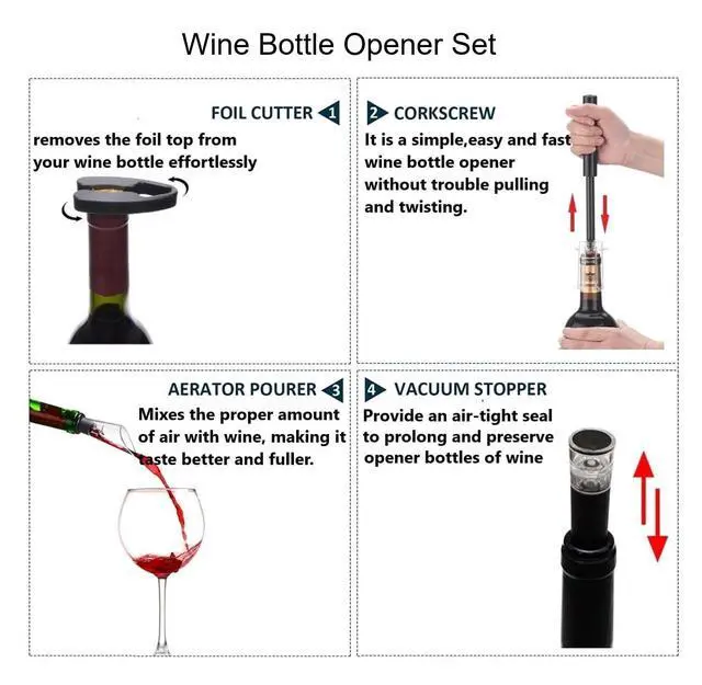 Alt view image 6 of 7 - Air Pressure Pump Bottle Opener With One Foil Cutter,One Vacuum stopper and One Wine Aerator PourerEfficient|Lightweight|Funny Cork Remover,Great For Wine Lovers,Perfect Wine Gift. (4)
