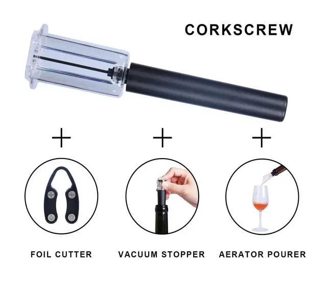 Alt view image 7 of 7 - Air Pressure Pump Bottle Opener With One Foil Cutter,One Vacuum stopper and One Wine Aerator PourerEfficient|Lightweight|Funny Cork Remover,Great For Wine Lovers,Perfect Wine Gift. (4)