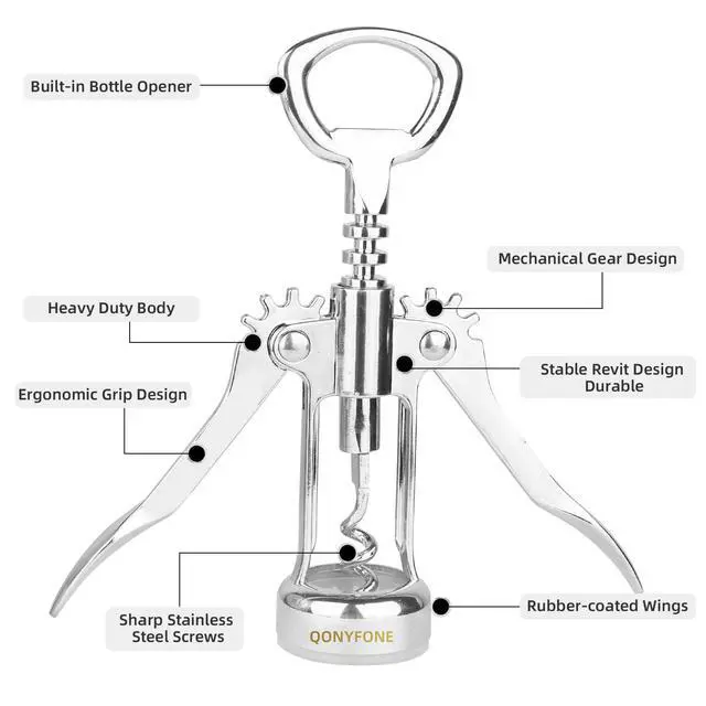 Alt view image 6 of 7 - Wing Corkscrew Wine Opener, Premium Zinc Alloy Manual Bottle Opener, Heavy Duty Multifunctional Tool for Kitchen, Bar, Restaurant & Waiters, Gift Set (Silver)