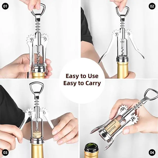 Alt view image 7 of 7 - Wing Corkscrew Wine Opener, Premium Zinc Alloy Manual Bottle Opener, Heavy Duty Multifunctional Tool for Kitchen, Bar, Restaurant & Waiters, Gift Set (Silver)