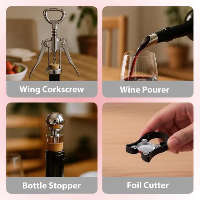 Alt view image 3 of 7 - Wine Opener Gift Set-Wing Corkscrew, Foil Cutter, Pourer and Wine Bottle Stopper Accessories Kit for Wine Lovers