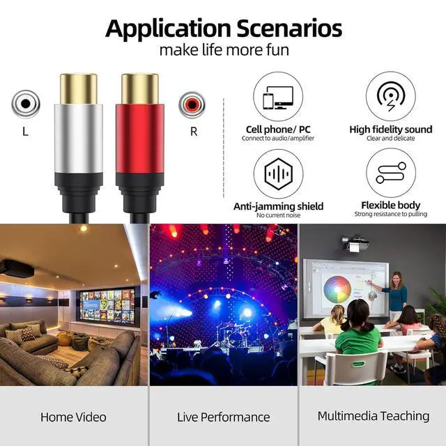 Alt view image 4 of 7 - Aux to 2 RCA Cable 1ft, RCA Female to 3.5mm Male Cable Gold Plated 1/8 Jack Stereo Audio Converter Compatible with Stereo Speaker, HiFi Stereo System, Tablets, MP3